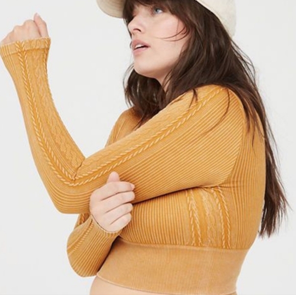 Off Line Aerie Square Neckline Long Sleeves Ribbed Cable Knit Mustard Pullover - Picture 1 of 5
